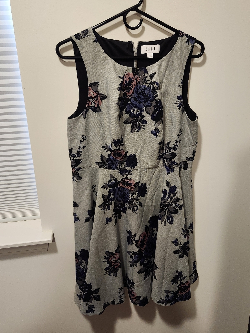 ELLE Gray Floral Sleeveless Fit-and-Flare Dress with Navy and Pink Blooms